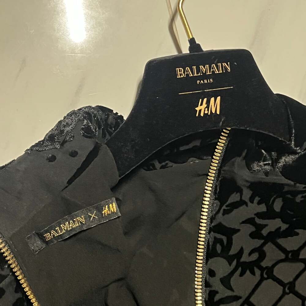 Balmain x H&M Black Floral Velvet Burnout Silk-Blend Zip-Up Blouse Jacket